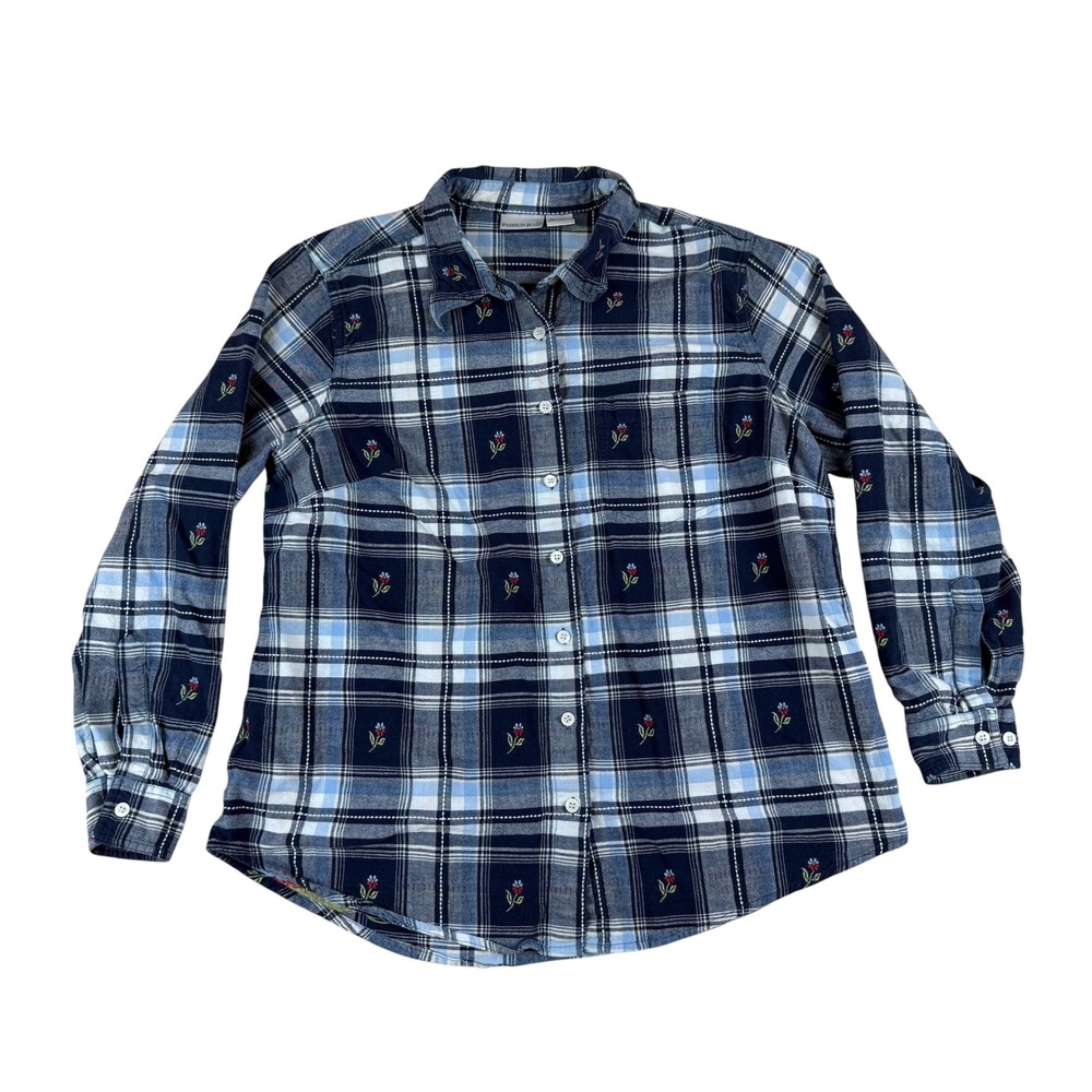 Fashion Bug 18/20W Plaid Shirt Cottagecore Cotton Floral Embroidered Top